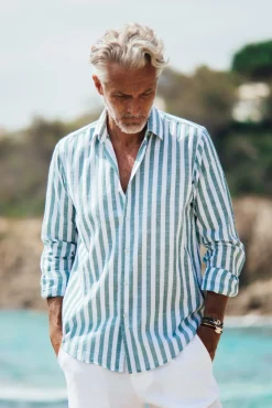 Les Canebiers Divin Cotton - Green Stripes<Homme Chemises