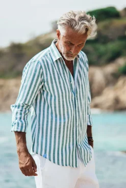 Les Canebiers Divin Cotton - Green Stripes<Homme Chemises
